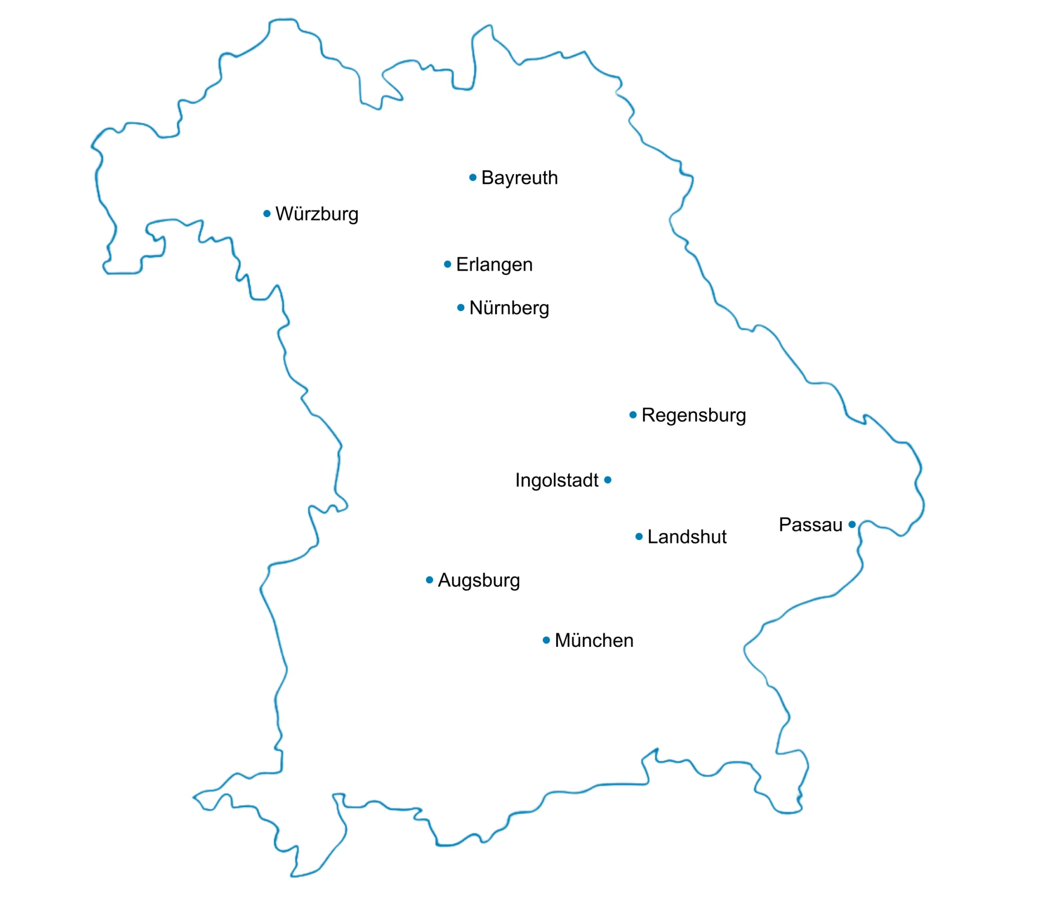 Eine schematische Karte von Bayern mit markierten Städten, darunter München, Nürnberg, Würzburg, Augsburg, Bayreuth, Erlangen, Ingolstadt, Regensburg, Landshut und Passau.